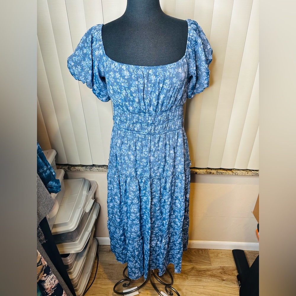 Trixxi  Blue Floral Chiffon Fluttered Sleeve Tiered Lined Dress Size XL - Picture 2 of 9